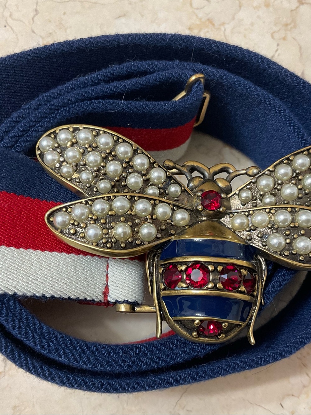 Gucci Navy Blue Red White Pearl Bee Web Belt